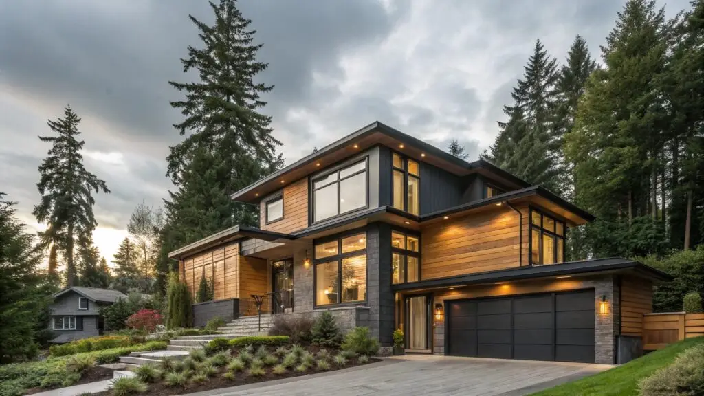 Modern custom home with warm lighting, perfect for whole home renovations by Bellevue general contracting services