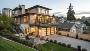 A modern home with a spacious balcony and a lush green lawn, showcasing home additions Seattle.