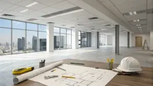 A bright commercial office with blueprints on a desk, showcasing space for tenant improvements.
