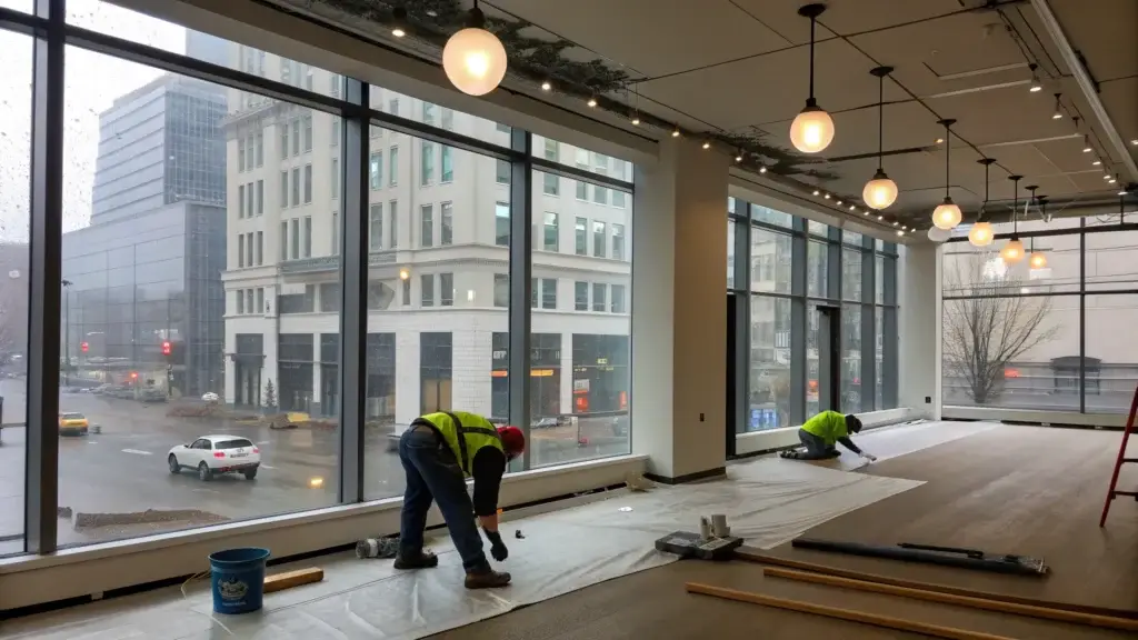 Workers installing flooring in a modern commercial office space, part of tenant improvements.
