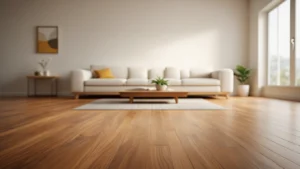 Low-angle close-up of polished wood grain in a bright living space, illustrating the results of professional hardwood floor selection and installation.