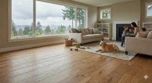 Contractor showing wood samples to a couple for the best hardwood flooring Seattle Bellevue.