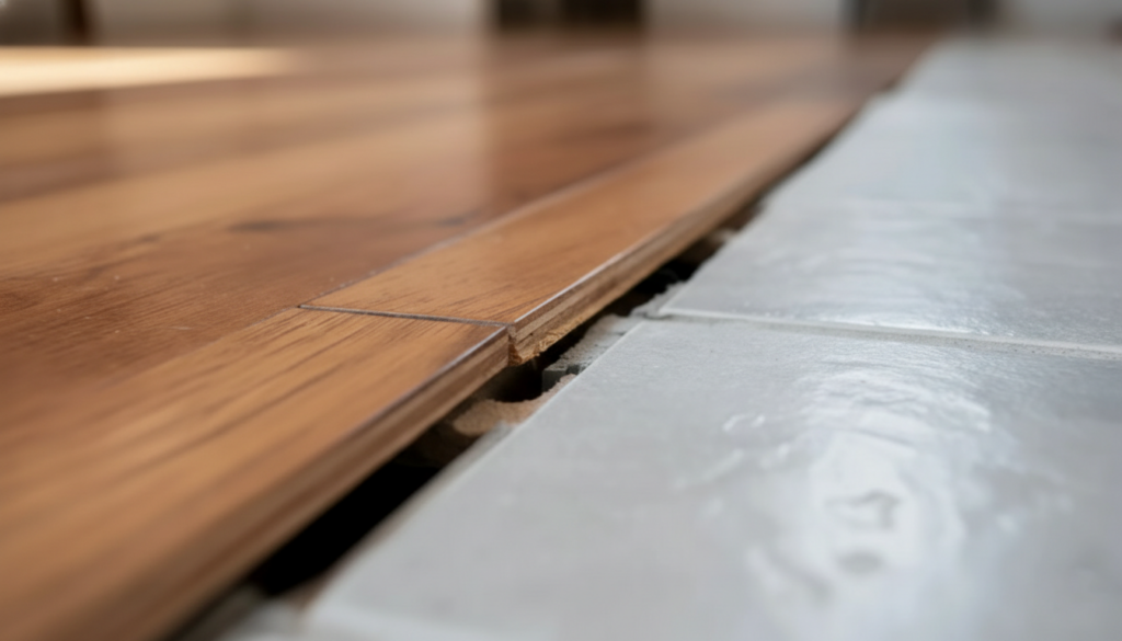A close-up of a flooring disaster where wood planks meet ceramic tile without a proper transition strip, showing an uneven gap and exposed edges.