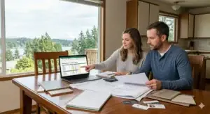 Couple examining materials, blueprints, and a whole-home renovation budget spreadsheet at a table.