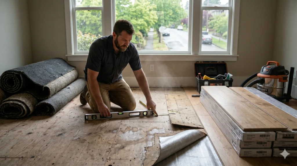 A contractor checks subfloor level during a flooring installation in Seattle home.