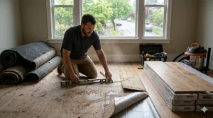A contractor checks subfloor level during a flooring installation in Seattle home.