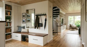 A custom mudroom with built-in storage bench represents smart home improvement projects that create extra space.